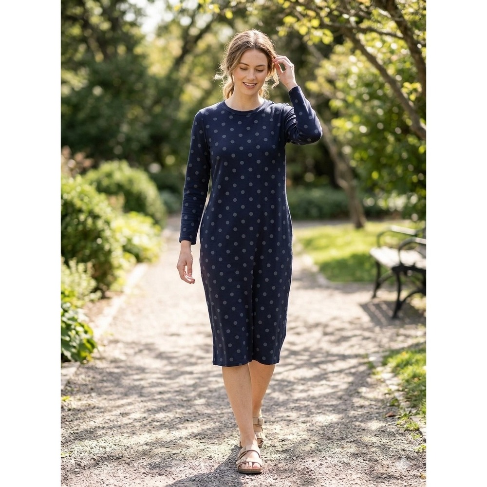 Sonnet James Navy Blue Polka Dot Long Sleeve Play Dress Midi Size Large